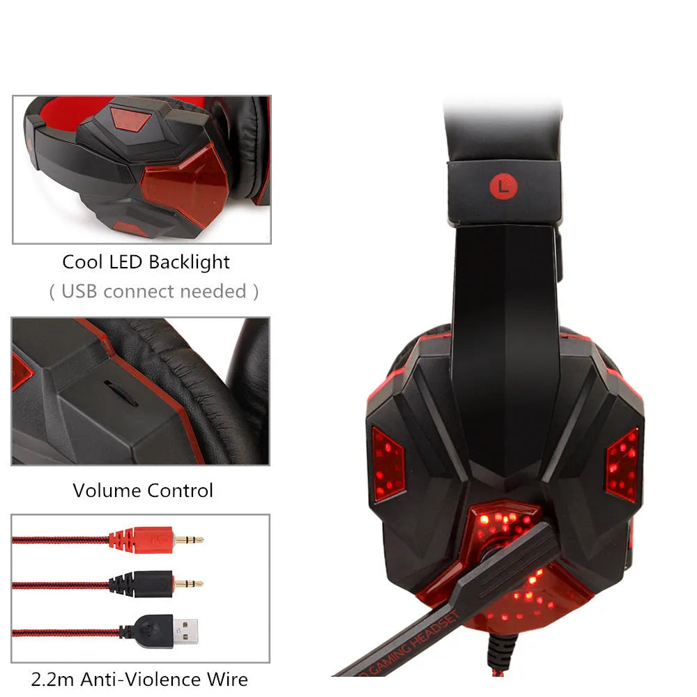 RGB light-up gaming headset with over-ear leather cushions and braided cable for PC and PS4