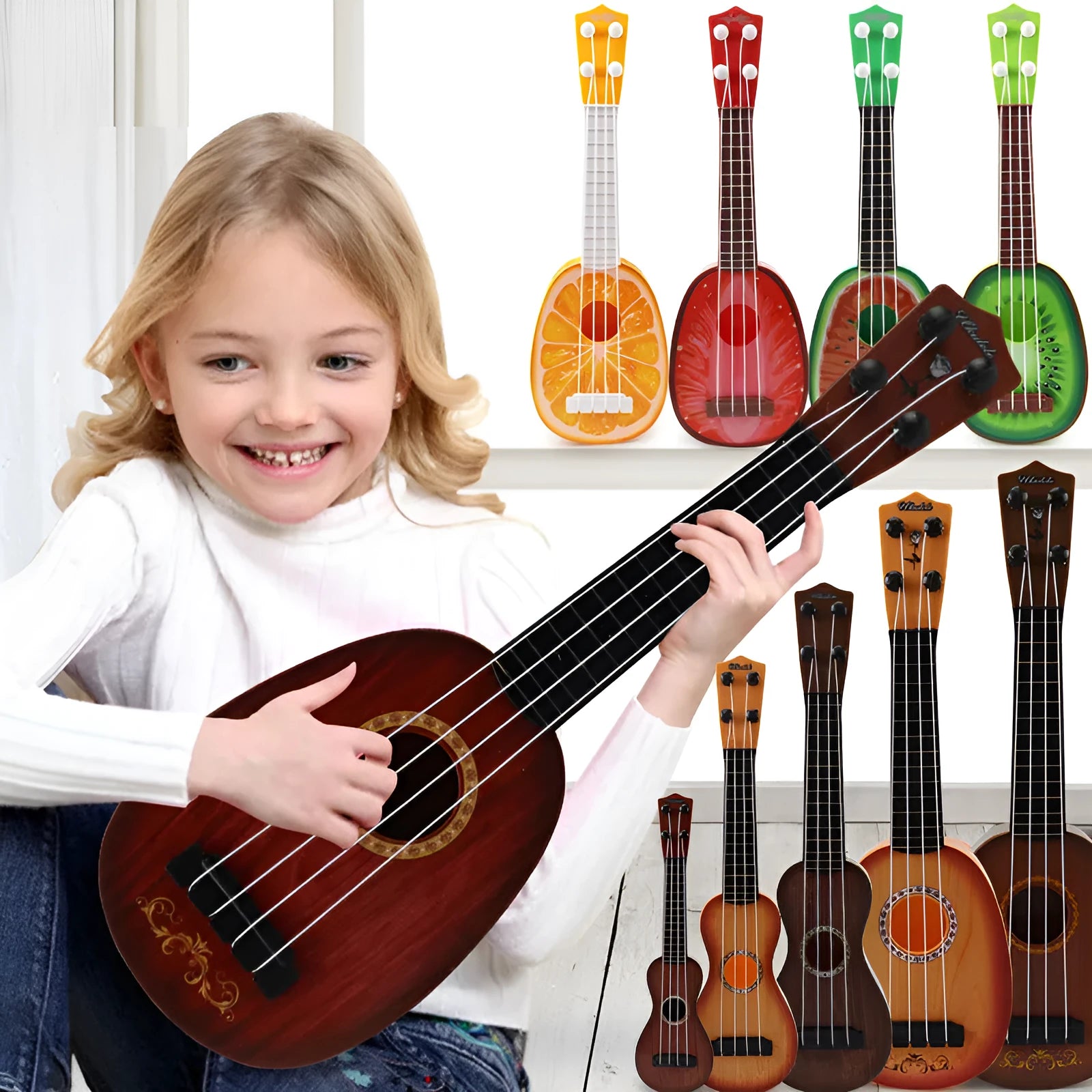Retro guitar toy ukulele for children in brightly coloured plastic design