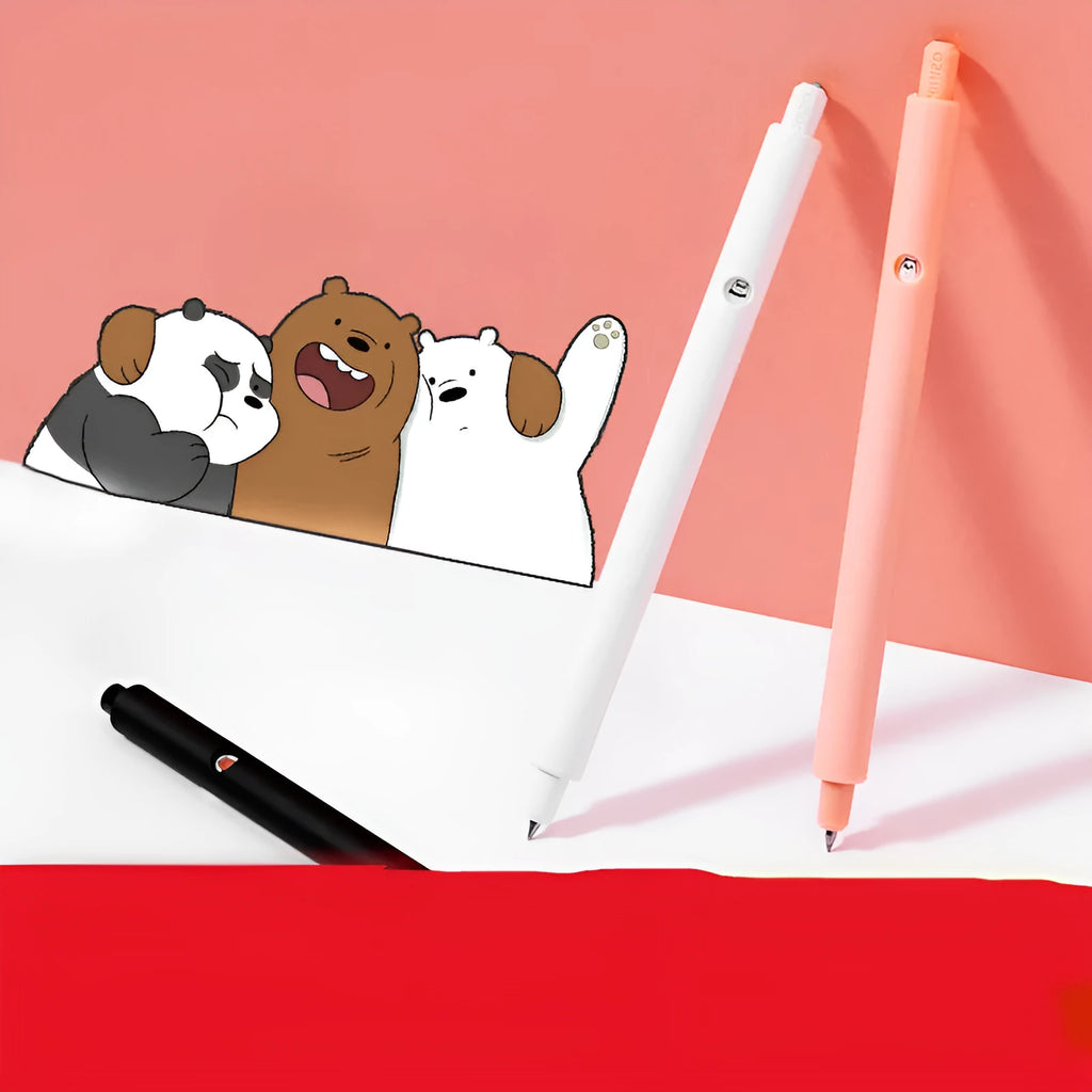 MINISO Bare Bear press gel pen with cartoon design in black, pink and white colours showing 0.5mm tip