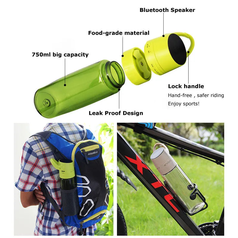 750ml orange PC plastic cycling water bottle with integrated Bluetooth audio speaker on outdoor background