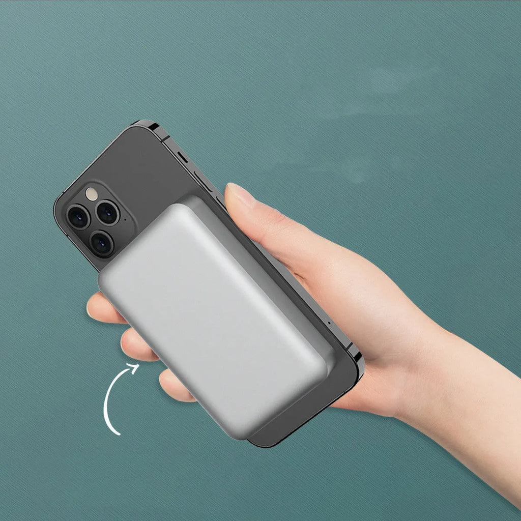 Silver aluminium magnetic wireless charging power bank showing size and USB-C port.