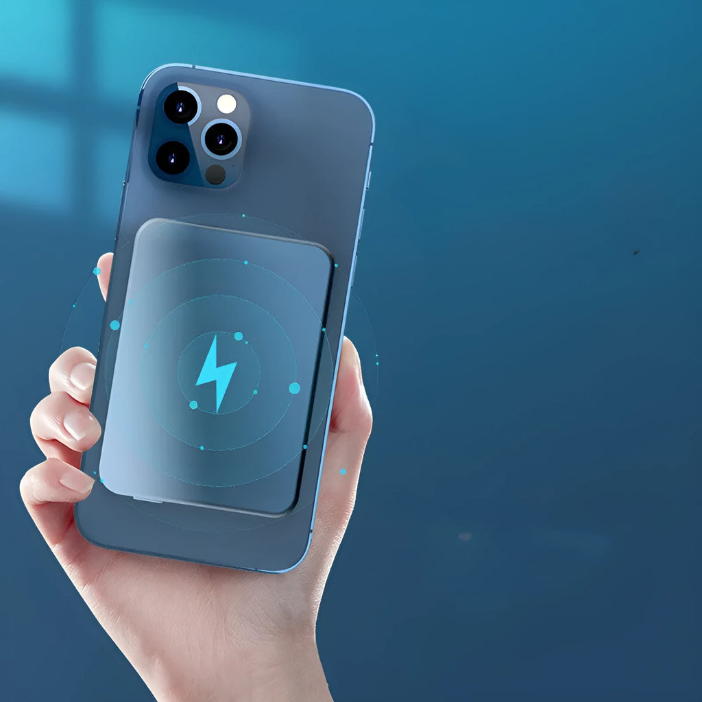 Silver aluminium magnetic wireless charging power bank showing size and USB-C port.