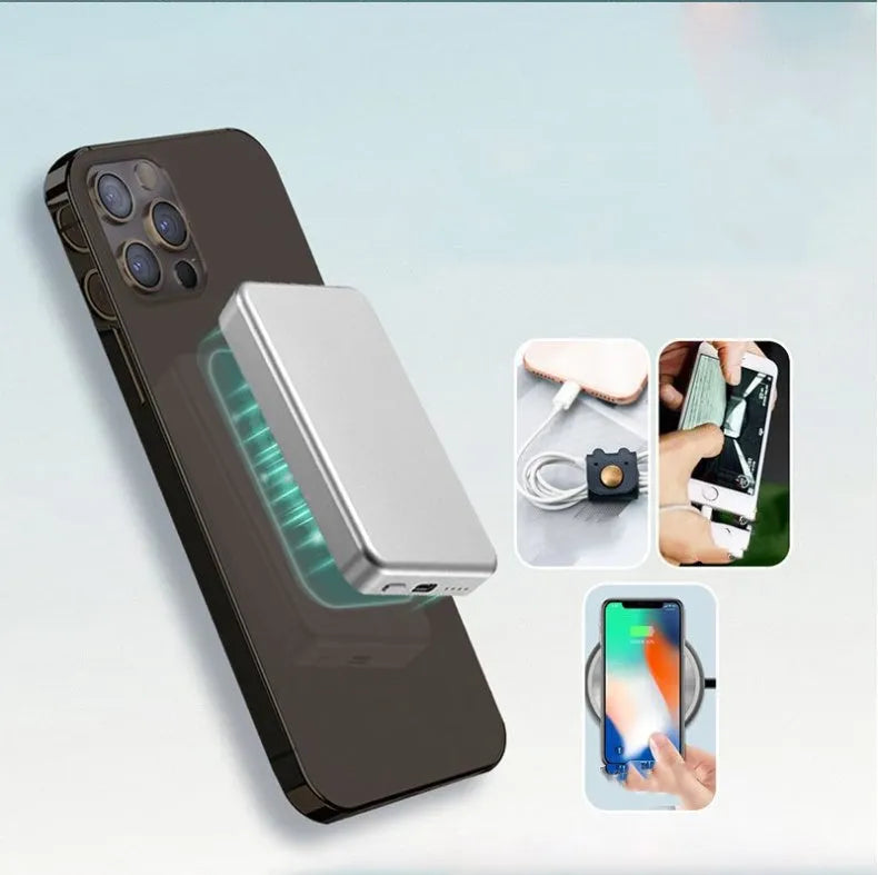 Silver aluminium magnetic wireless charging power bank showing size and USB-C port.