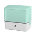 Portable double-layer heated lunch box with stainless steel liner in green, grey or pink colours