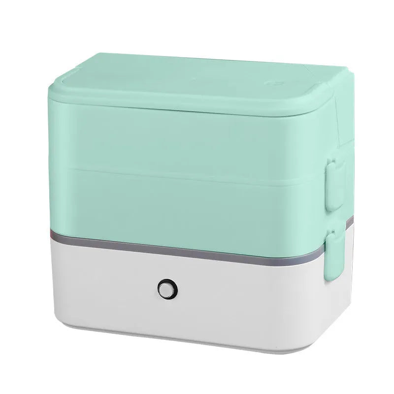 Portable double-layer heated lunch box with stainless steel liner in green, grey or pink colours