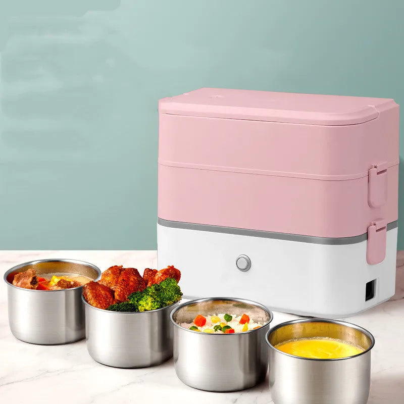 Portable double-layer heated lunch box with stainless steel liner in green, grey or pink colours