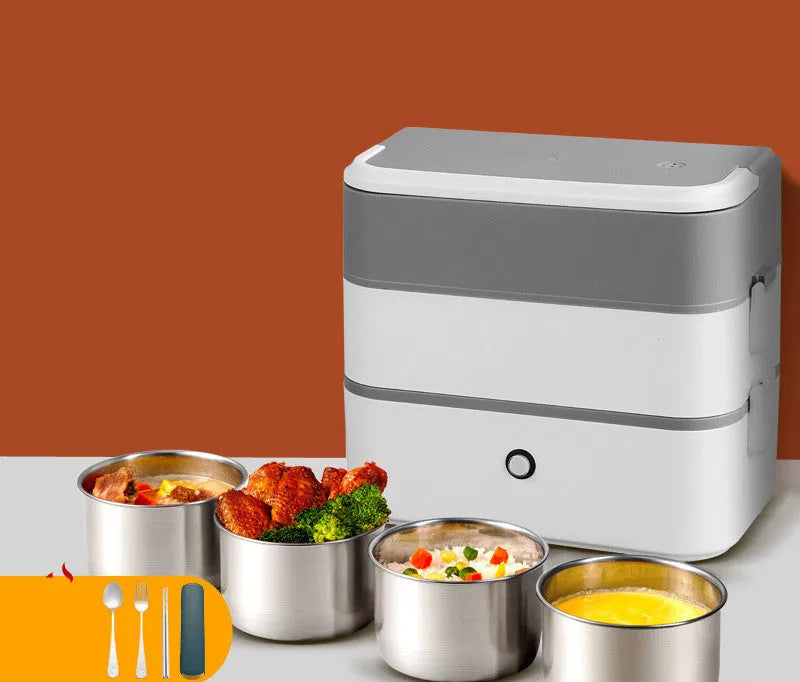 Portable double-layer heated lunch box with stainless steel liner in green, grey or pink colours
