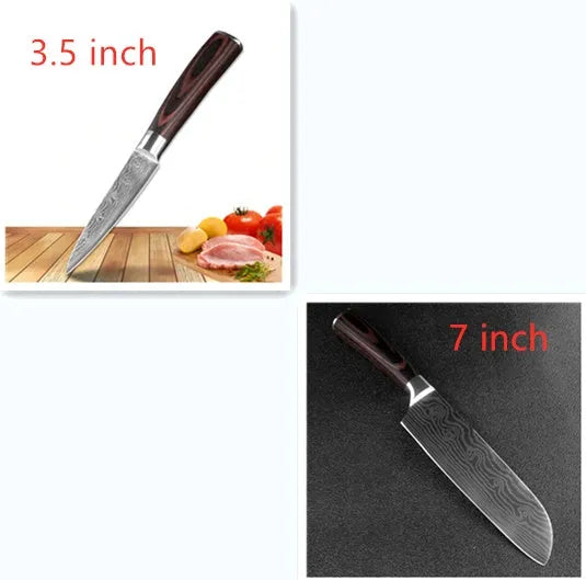 7Cr17 stainless steel kitchen knife with Damascus pattern blade and coloured wood handle on a cutting board.