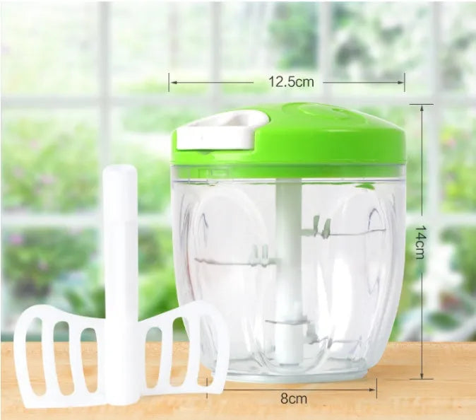 Green manual kitchen chopper grinder with stainless steel blades and a 500ml plastic container.