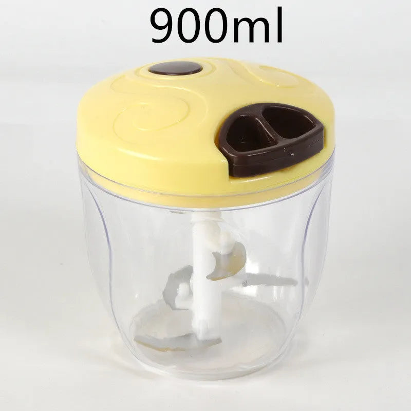 Green manual kitchen chopper grinder with stainless steel blades and a 500ml plastic container.