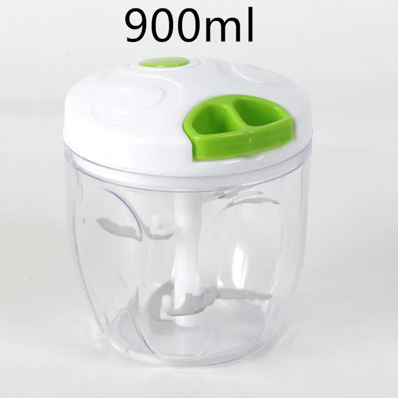 Green manual kitchen chopper grinder with stainless steel blades and a 500ml plastic container.