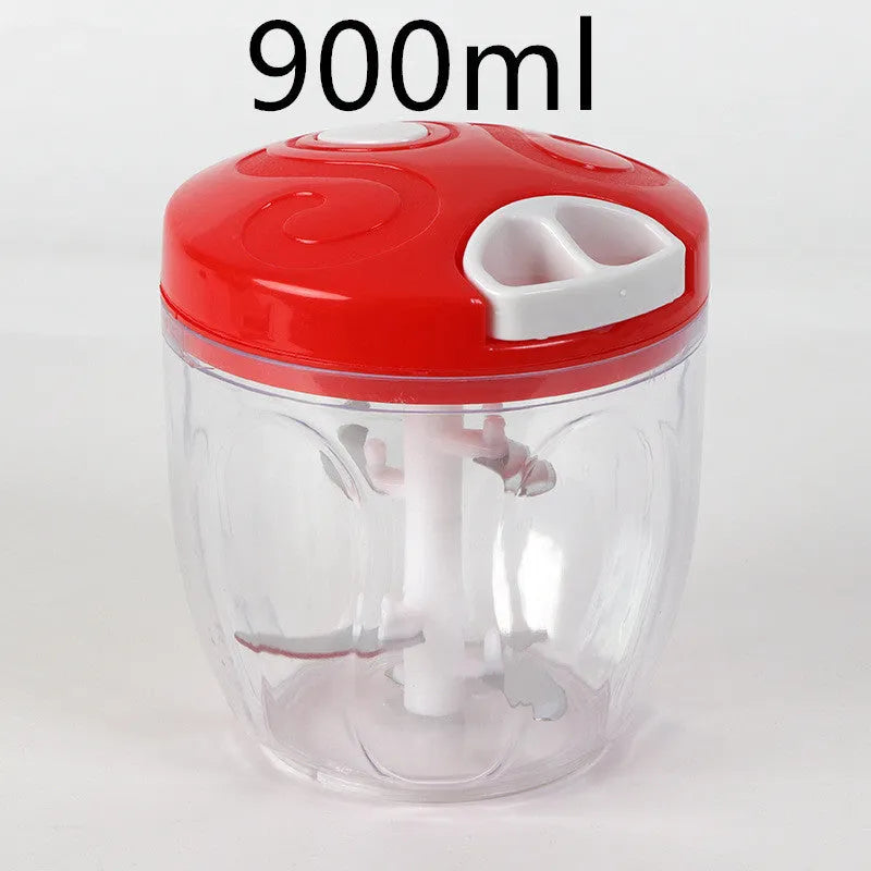 Green manual kitchen chopper grinder with stainless steel blades and a 500ml plastic container.
