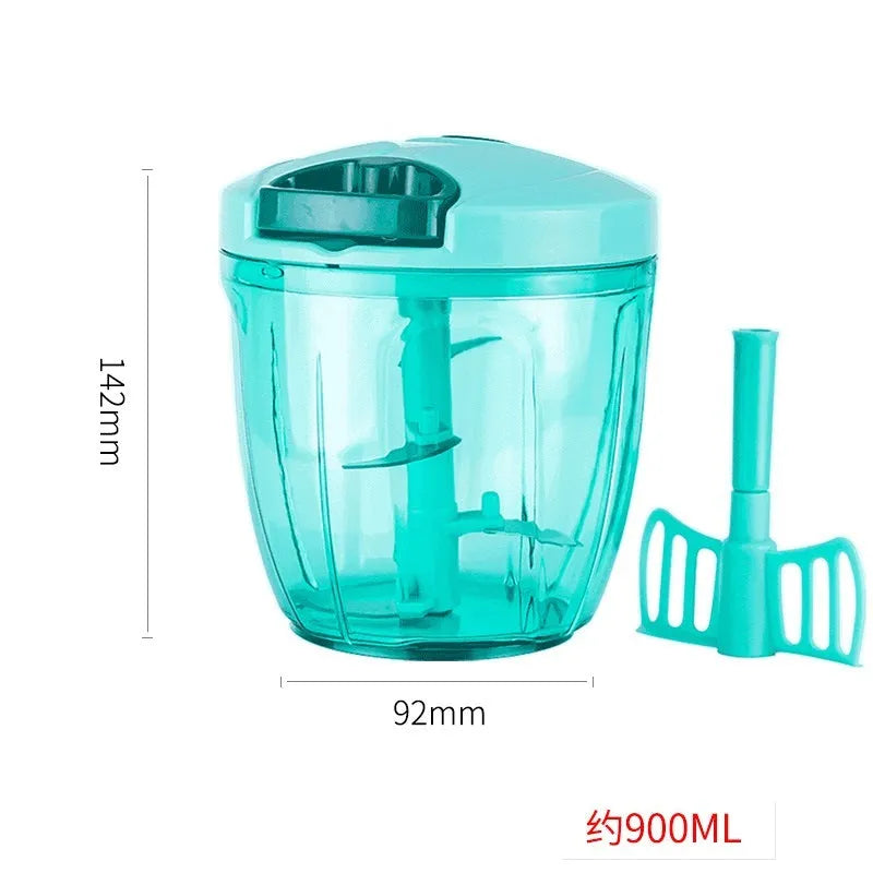 Green manual kitchen chopper grinder with stainless steel blades and a 500ml plastic container.