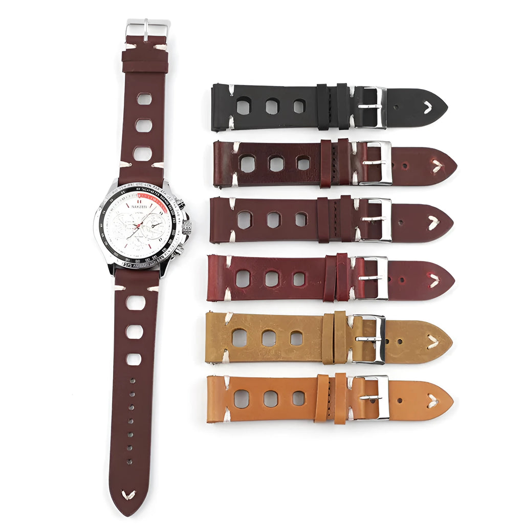 Cowhide watch band with stainless steel pin buckle, available in six colours and widths 18mm to 26mm.