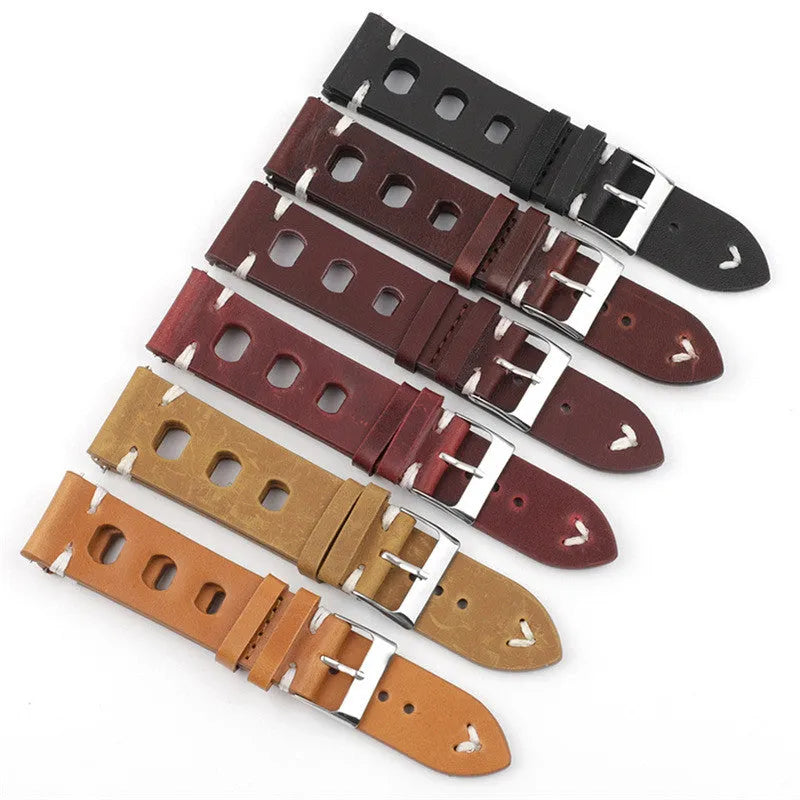Cowhide watch band with stainless steel pin buckle, available in six colours and widths 18mm to 26mm.