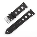 Cowhide watch band with stainless steel pin buckle, available in six colours and widths 18mm to 26mm.