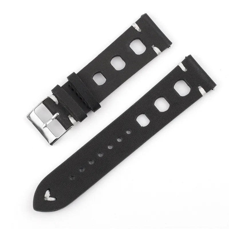 Cowhide watch band with stainless steel pin buckle, available in six colours and widths 18mm to 26mm.
