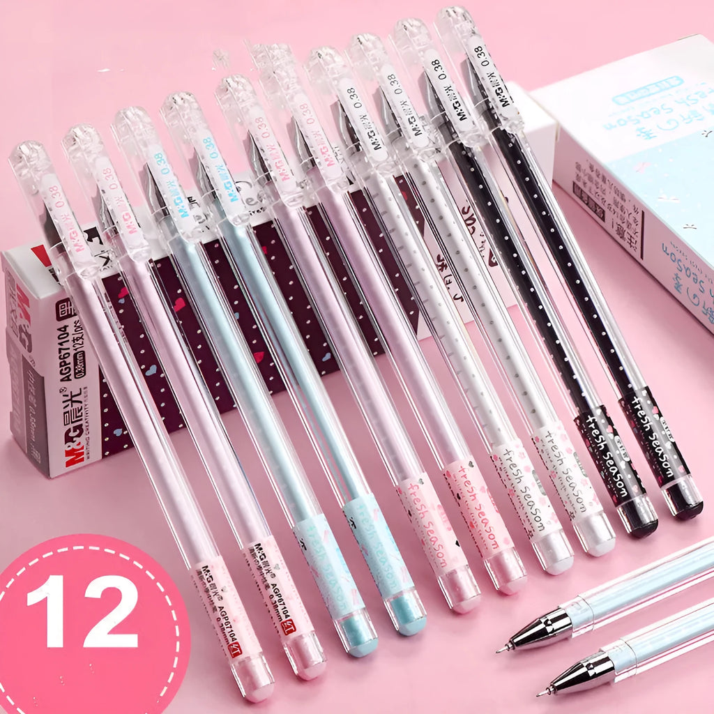 Syringe-style neutral pen in black, blue, and pink colours, shown in boxes of 6 and 12.