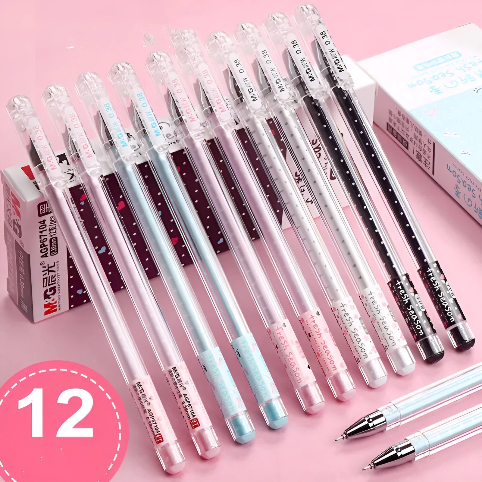 Syringe-style neutral pen in black, blue, and pink colours, shown in boxes of 6 and 12.