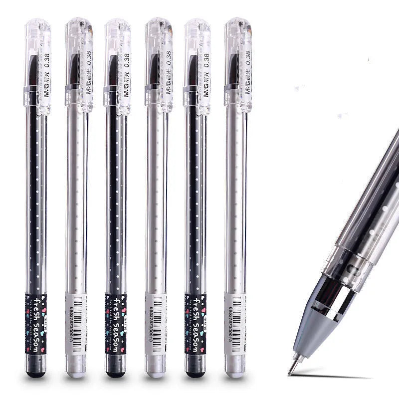 Syringe-style neutral pen in black, blue, and pink colours, shown in boxes of 6 and 12.