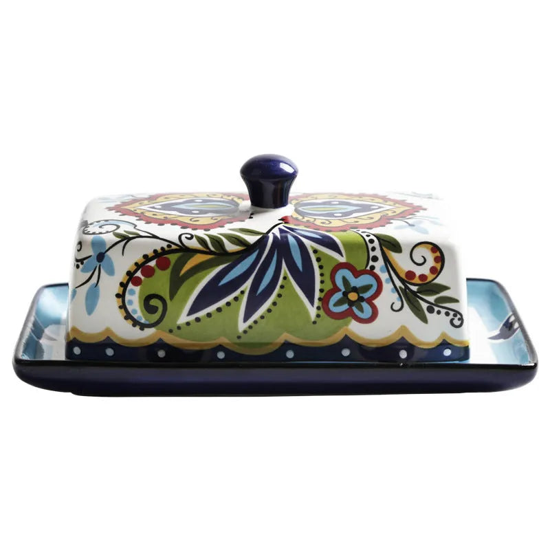 Square ceramic butter box with lid showing floral pattern decoration in blue colour option