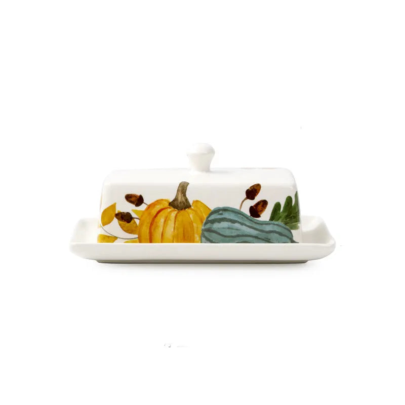 Square ceramic butter box with lid showing floral pattern decoration in blue colour option