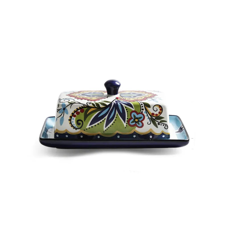 Square ceramic butter box with lid showing floral pattern decoration in blue colour option