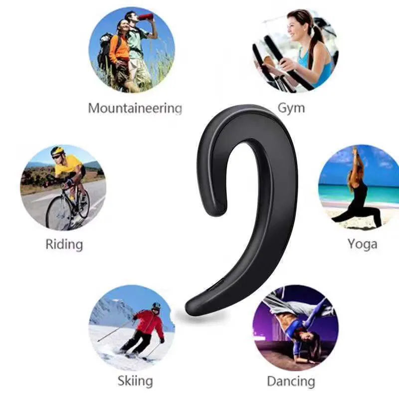 Wireless Bluetooth earphones with ear-hook design in multiple colours including black, red, silver, white, and gold