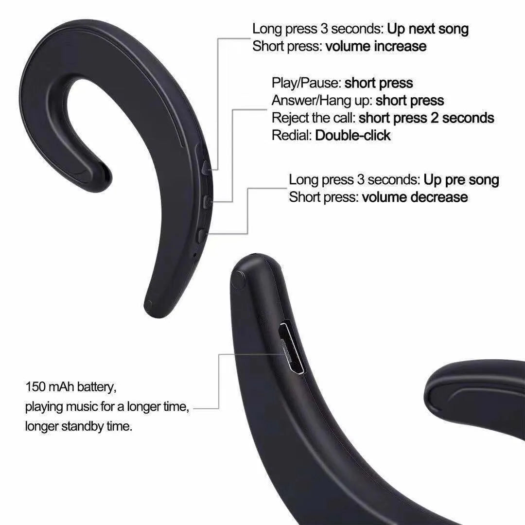 Wireless Bluetooth earphones with ear-hook design in multiple colours including black, red, silver, white, and gold