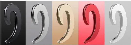 Wireless Bluetooth earphones with ear-hook design in multiple colours including black, red, silver, white, and gold