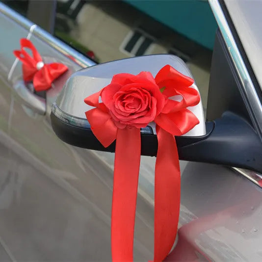 Bear rose rear view mirror wedding car decoration in pink artificial flowers with Korean style design