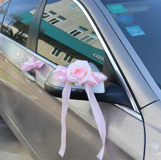 Bear rose rear view mirror wedding car decoration in pink artificial flowers with Korean style design