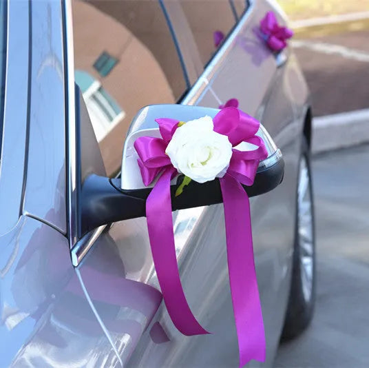 Bear rose rear view mirror wedding car decoration in pink artificial flowers with Korean style design