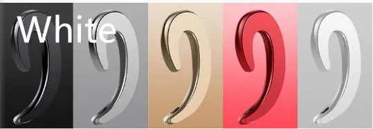 Wireless Bluetooth earphones with ear-hook design in multiple colours including black, red, silver, white, and gold