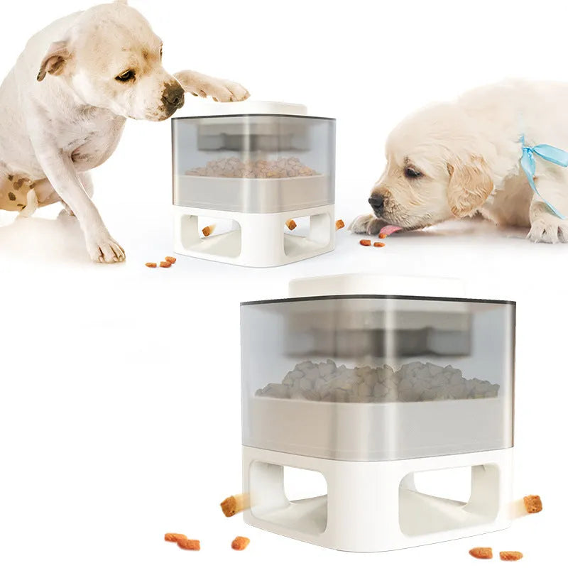 Square bullet-shaped dog food feeder toy in white ABS plastic with suction cups and anti-slip pads on a tiled floor