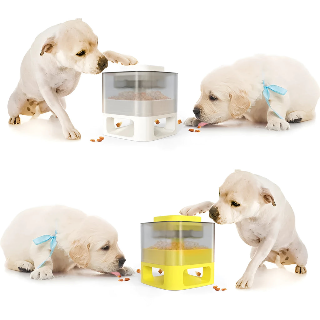 Square bullet-shaped dog food feeder toy in white ABS plastic with suction cups and anti-slip pads on a tiled floor