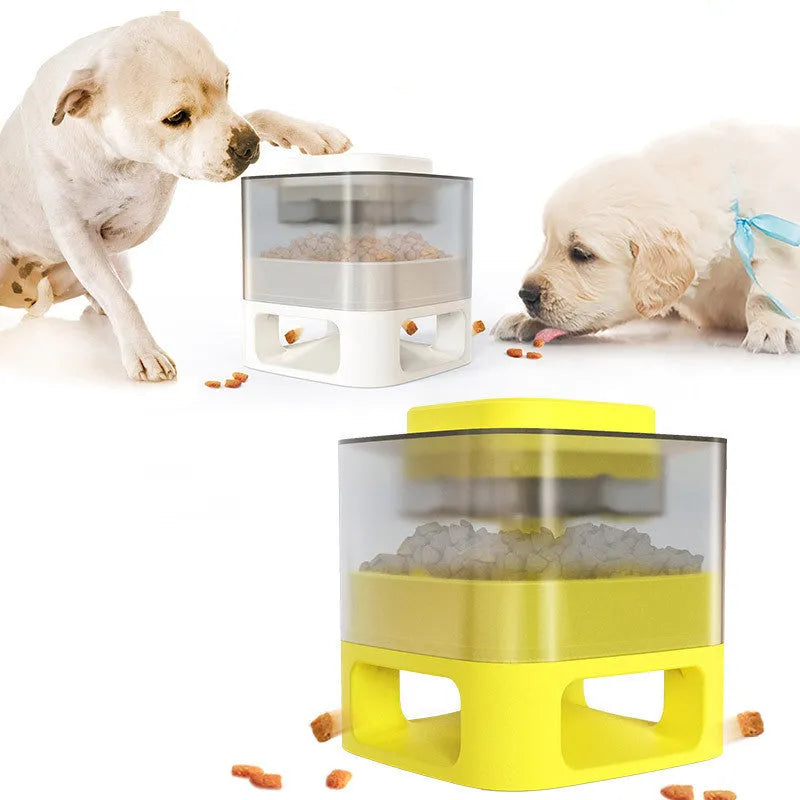 Square bullet-shaped dog food feeder toy in white ABS plastic with suction cups and anti-slip pads on a tiled floor