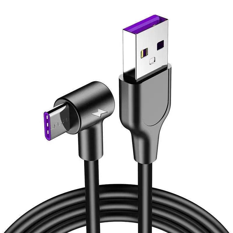 Black 5A fast charging cable with elbow Type-C connector for Android phones