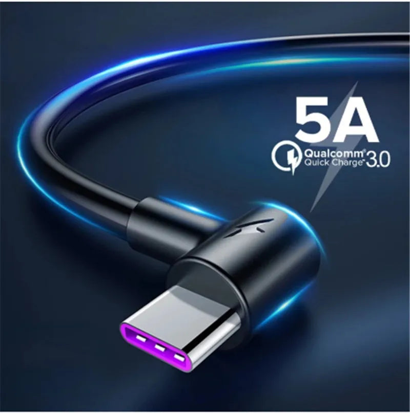 Black 5A fast charging cable with elbow Type-C connector for Android phones