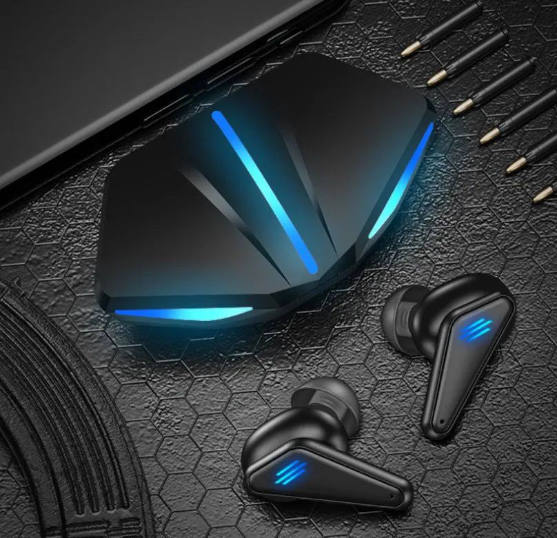 Blue Private Model K55 wireless Bluetooth gaming headset with in-ear earplug design.