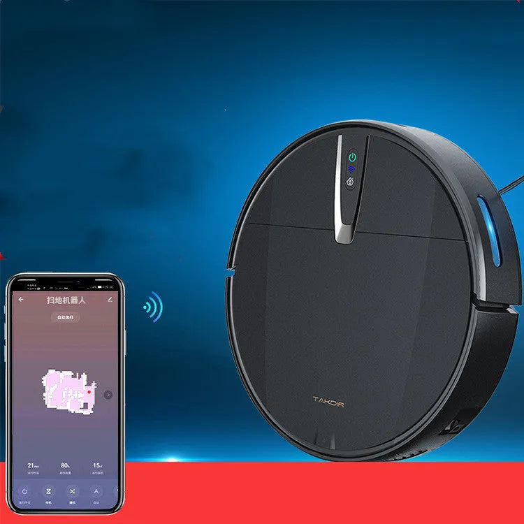 Ultra-thin black and white robotic floor cleaner with docking station and remote control.