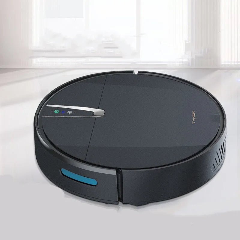 Ultra-thin black and white robotic floor cleaner with docking station and remote control.