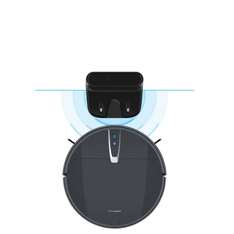 Ultra-thin black and white robotic floor cleaner with docking station and remote control.