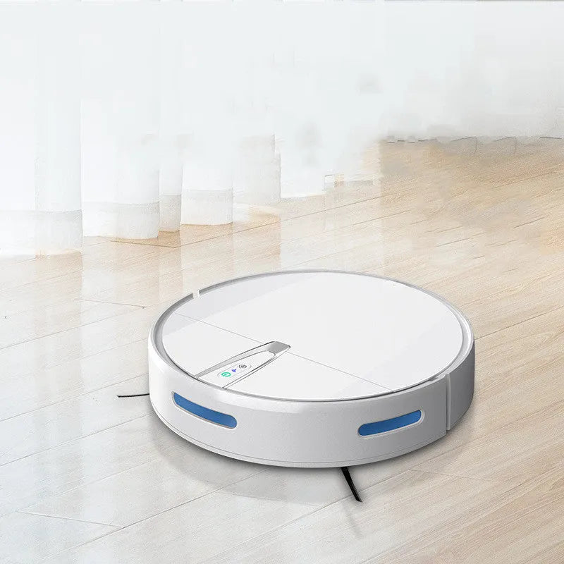 Ultra-thin black and white robotic floor cleaner with docking station and remote control.
