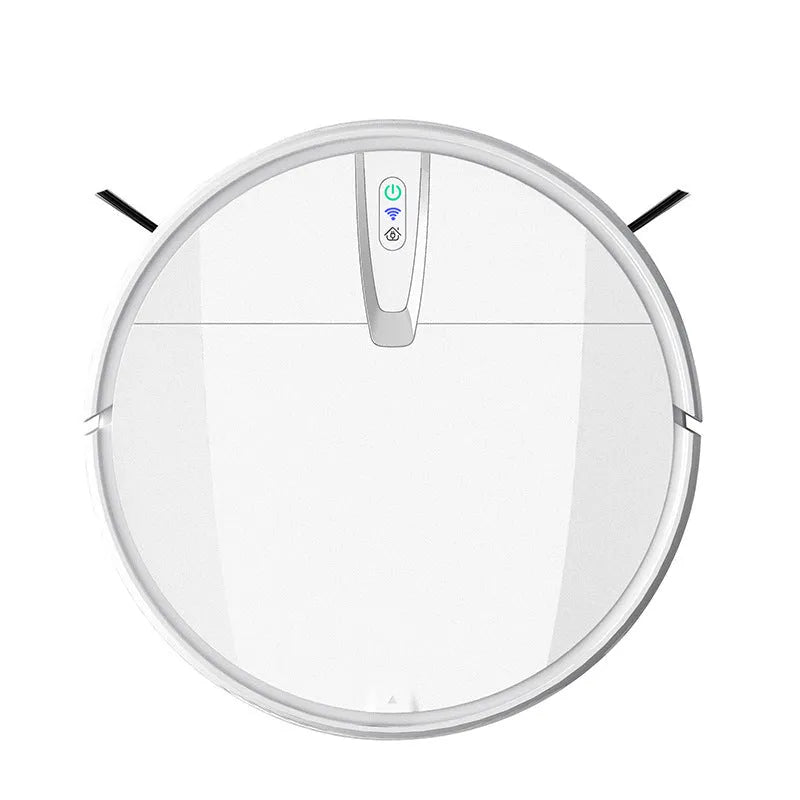 Ultra-thin black and white robotic floor cleaner with docking station and remote control.