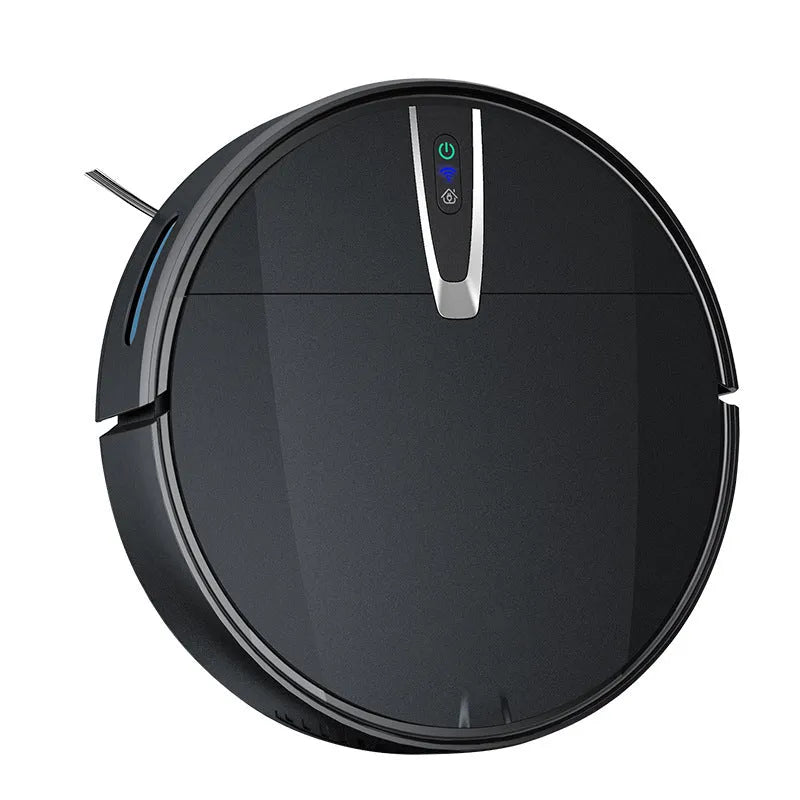 Ultra-thin black and white robotic floor cleaner with docking station and remote control.