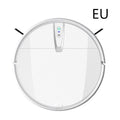 Ultra-thin black and white robotic floor cleaner with docking station and remote control.