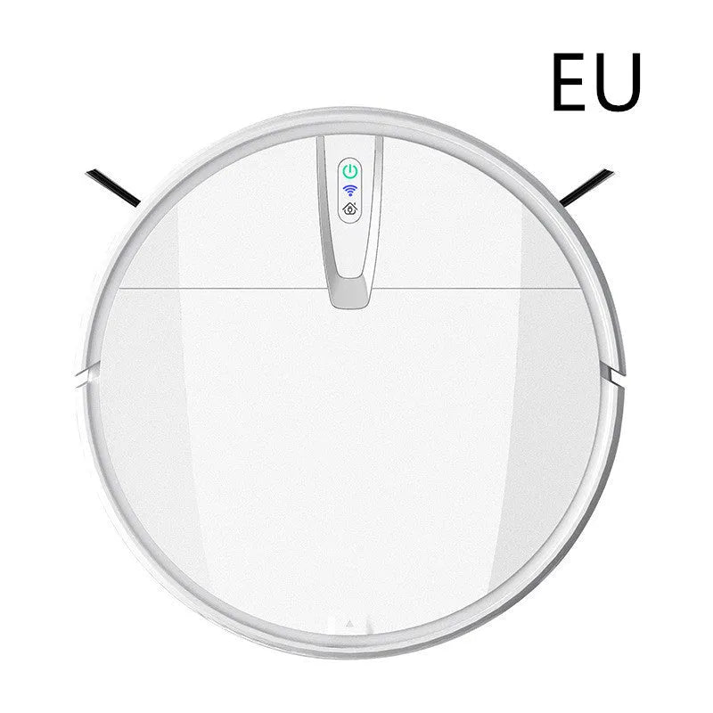 Ultra-thin black and white robotic floor cleaner with docking station and remote control.