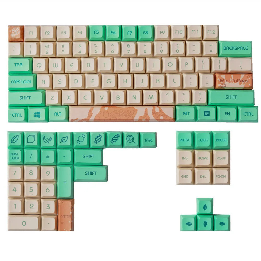 Mint Toffee colour PBT keycap set with XDA profile and sublimation printed legends for wireless mechanical keyboards