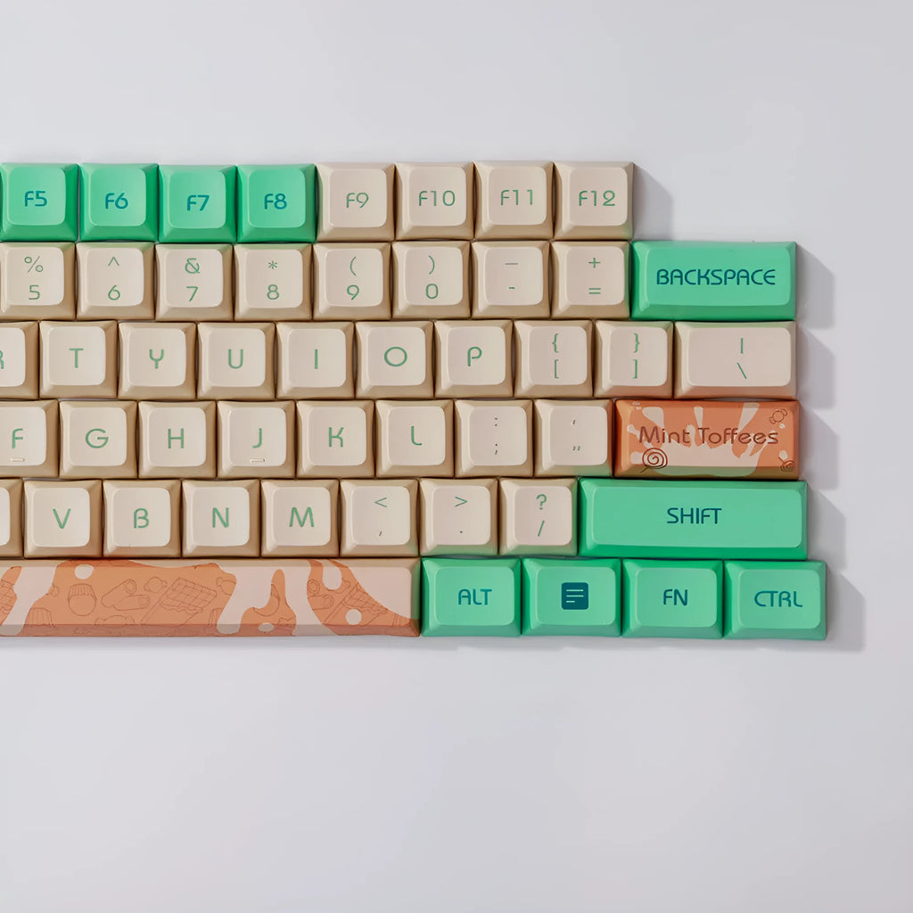 Mint Toffee colour PBT keycap set with XDA profile and sublimation printed legends for wireless mechanical keyboards